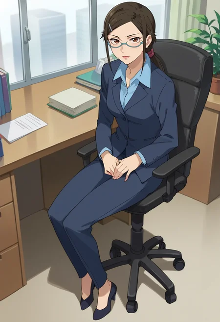 score_9,score_8_up,score_7_up,score_6_up,score_5_up,score_4_up,anime coloring,source_anime,<lora:Misaki_Kirihara_Darker_than_Black_Pony:0.7>,misaki,1girl,solo,brown eyes,brown hair,swept bangs,ponytail,sidelocks,hairclip,blue glasses,lipstick,suit,blue shirt,collared shirt,pants,pumps,sitting,indoors,office,desk,office chair,looking at viewer,full body,