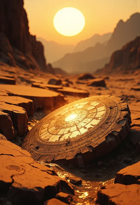 A close-up, dramatic perspective of an ancient, weathered artifact glowing faintly with mysterious energy, partially buried in a cracked, arid desert landscape. The focus is on the intricate engravings on the artifact’s surface, illuminated by an eerie, shifting light. Dust particles and fine grains of sand float in the air, caught in the beam of a distant, golden sun setting behind jagged mountains. The background fades into shadowy ambiguity, adding tension and mystery. The scene feels cinematic, with high contrast, intense depth of field, and a slightly tilted, dynamic angle to amplify drama and intrigue.