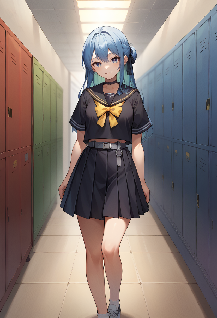 score_9, score_8_up, score_7_up, SuiseiSchool, long hair, half updo, black serafuku, black shirt, black choker, yellow bowtie, grey belt, black skirt, short sleeves, hallway, school, leaning against lockers, smile, <lora:CHAR-HoshimachiSuiseiPonyXL:1>