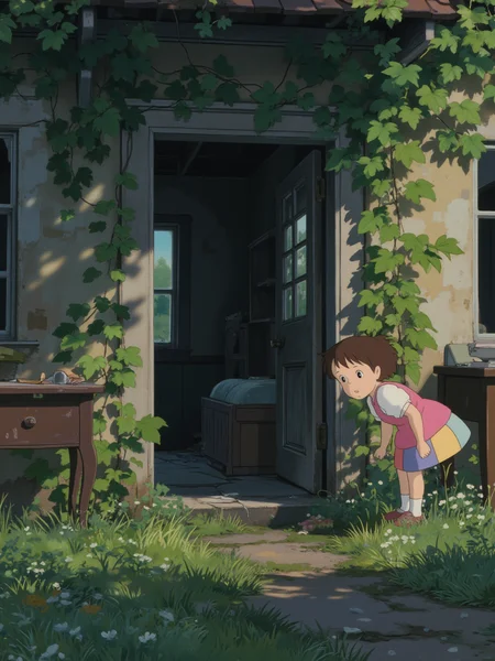 A young girl with wide, curious eyes and wearing a patchwork dress is exploring an abandoned house at the edge of the village. The house is overgrown with ivy, and sunlight filters through broken windows, casting light on dusty furniture. The scene is set in the early afternoon, with the air still and quiet. The camera is positioned at a low angle, showing the girl peering into a dark room.

