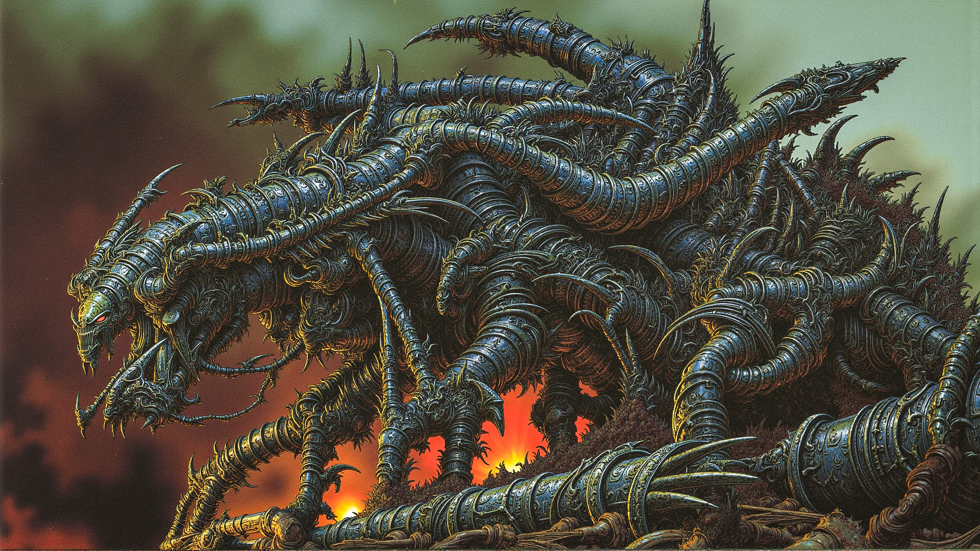 "A gigantic mech battles a horde of biomechanical creatures in a ruined, industrial landscape. The mech, covered in heavy armor and bristling with weapons, is locked in a desperate struggle. The biomechanical creatures are grotesque and twisted, their bodies a horrifying fusion of flesh and machine. The scene is dark and gritty, with smoke, fire, and the sounds of grinding metal filling the air. Broken machinery and twisted pipelines litter the battlefield, adding to the chaos." <lora:metal_hurlant_v1:1.5>