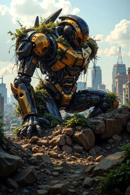 From ground level, the observer gazes upward at an immense humanoid mech in a kneeling posture—its colossal frame looming over the shattered remains of a post-apocalyptic city. Viewed from a side angle, the mech’s scale is overwhelming: one knee grounded, its upper body leaning forward with exhaustion, its bowed head still towering above most surrounding structures. One arm—massive and heavily armored—rests against a crumbling building, which visibly buckles under the dormant weight.
The mech is engineered with brutalist industrial aesthetics: a towering frame clad in black and gold armor, made up of angular, overlapping plates and exposed mechanical ligatures. Its design is lean and powerful—no human softness, only mechanical precision. The limbs are long and reinforced, but now fractured and worn. One of its arms ends abruptly at a shattered forearm; fragments of plating hang loosely, and hydraulic lines dangle like severed nerves. Several fingers on the remaining hand are torn off, leaving jagged joints and exposed actuators.
Its head—partially caved in and gashed—bears a fractured helmet of interlocked faceplates, riddled with cracks and torn metal. One half is sheared away completely, exposing complex inner mechanisms twisted and fused from heat and blunt trauma. Deep battle scars mar the entire body: burn marks, projectile punctures, and torn armor revealing the skeletal inner chassis.
Nature is slowly reclaiming this forgotten war machine. Green vines and creeping moss crawl over its limbs and torso, threading through open wounds in the metal. Plant growth bursts from cracked armor seams and destroyed joints. The hand braced on the adjacent building is both massive and broken, its partial grip crushing the weakened stone facade.
The contrast between man-made devastation and organic overgrowth tells a quiet story of time and entropy. Warm afternoon sunlight filters through a fractured sky, illuminating part of the mech’s damaged upper body while the rest remains in dense shadow. The lighting splits the machine diagonally across its chest and head, casting dramatic highlights and deep shadows that carve out every mechanical wound and surface crack—enhancing both its grandeur and its ruin.
Shot in ultra-high-definition 8K, with cinematic depth of field and extreme textural fidelity, every torn cable, rusted bolt, and overgrown joint is clearly rendered. The upward ground-level view emphasizes the mech’s towering presence—even in collapse, it commands the scene like a fallen god of war.