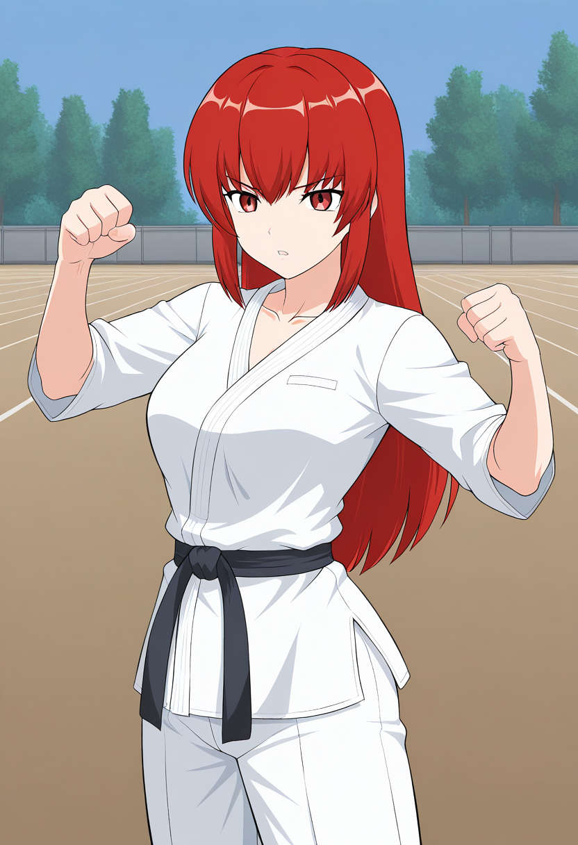 1girl, solo, satsukirindorival, red hair, long hair, hair down, red eyes, white gi, dougi, black belt, outdoors, training field, fists, punch, open mouth, parted lips, serious,