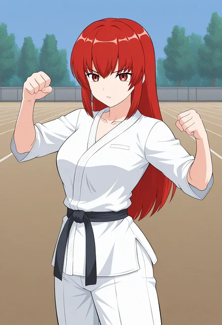 1girl, solo, satsukirindorival, red hair, long hair, hair down, red eyes, white gi, dougi, black belt, outdoors, training field, fists, punch, open mouth, parted lips, serious,
