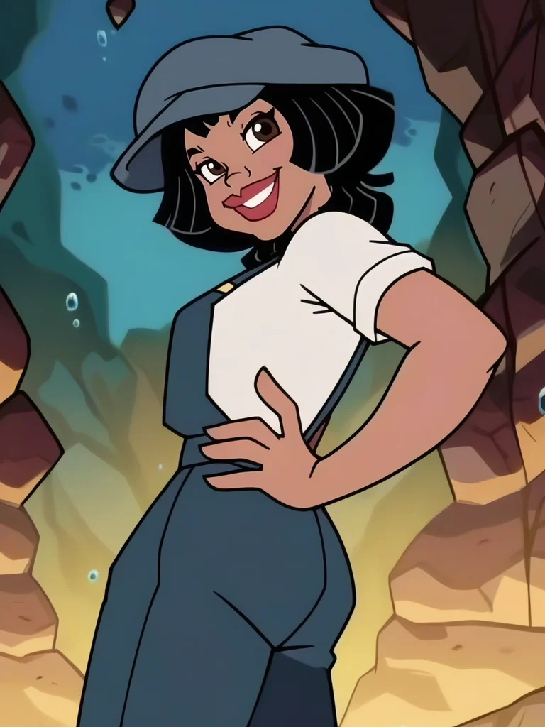 score_9, score_8_up, score_7_up, 1girl, leaning forward, v, hands on hips, cavern, rocks, flowers, water, detailed background, smile, looking at viewer, smile, cowboy shot, (dynamic pose:1.1), dynamic angle, from side, from below, cute pose, wide shot,
 <lora:AudreyRocio_character:0.85>, AudreyXLP, black hair, short hair, hat, blue overalls, white shirt, lipstick, dark skin, anime screencap,