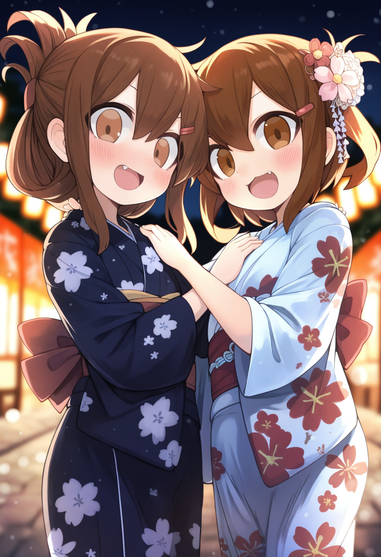 masterpiece,best quality,amazing quality,
brown hair, inazuma (kancolle), kimono, japanese clothes, 2girls, multiple girls, ikazuchi (kancolle), open mouth, folded ponytail, hair ornament, short hair, hairclip, brown eyes, fang, looking at viewer, sash, obi, blush, floral print, hand on another's shoulder, outdoors, night, 
 <lora:Ankoku:1>