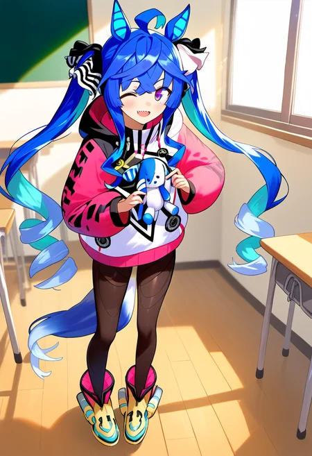 <lora:pony_turbo_v2:1>, score 9, score 8 up, score 7 up, source anime, 1girl, twin turbo \(umamusume\), full body, classroom, smile,
