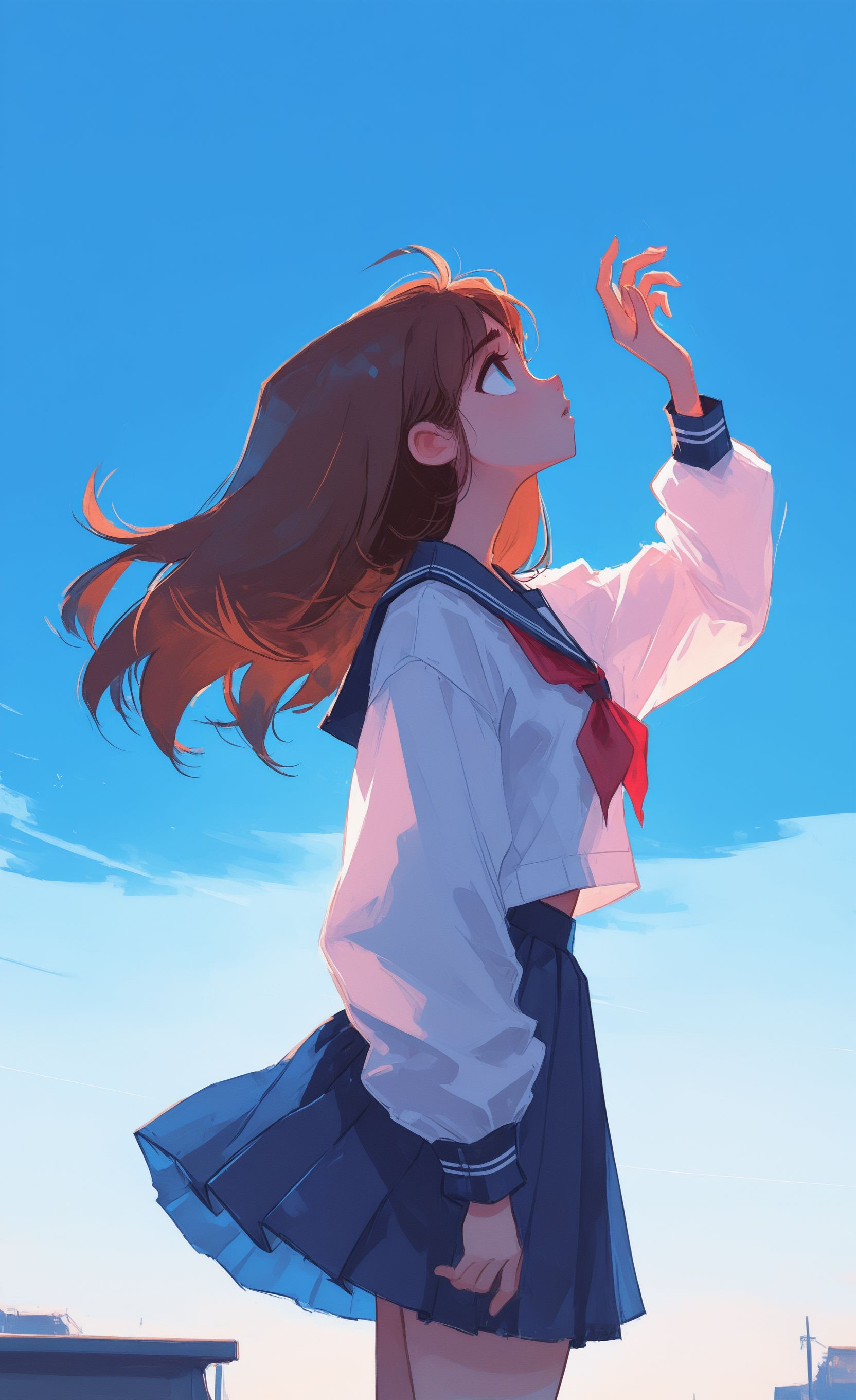 masterpiece, best quality, amazing quality, highres, 
1girl, solo, long hair, shirt, skirt, brown hair, long sleeves, school uniform, white shirt, cowboy shot, pleated skirt, parted lips, sky, serafuku, sailor collar, from side, blue sky, blue skirt, neckerchief, profile, floating hair, looking up, blue sailor collar, (wind:1.2), red neckerchief, hand up, closed mouth, Wide Shot, backlighting, <lora:XXX667:0.5> <lora:DiivesIXL:0.5> <lora:96YOTTEA-WAI:0.7> <lora:namukijpg_ill:0.3> <lora:Style60_IXL:1>