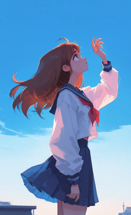 masterpiece, best quality, amazing quality, highres,
1girl, solo, long hair, shirt, skirt, brown hair, long sleeves, school uniform, white shirt, cowboy shot, pleated skirt, parted lips, sky, serafuku, sailor collar, from side, blue sky, blue skirt, neckerchief, profile, floating hair, looking up, blue sailor collar, (wind:1.2), red neckerchief, hand up, closed mouth, Wide Shot, backlighting, <lora:XXX667:0.5> <lora:DiivesIXL:0.5> <lora:96YOTTEA-WAI:0.7> <lora:namukijpg_ill:0.3> <lora:Style60_IXL:1>