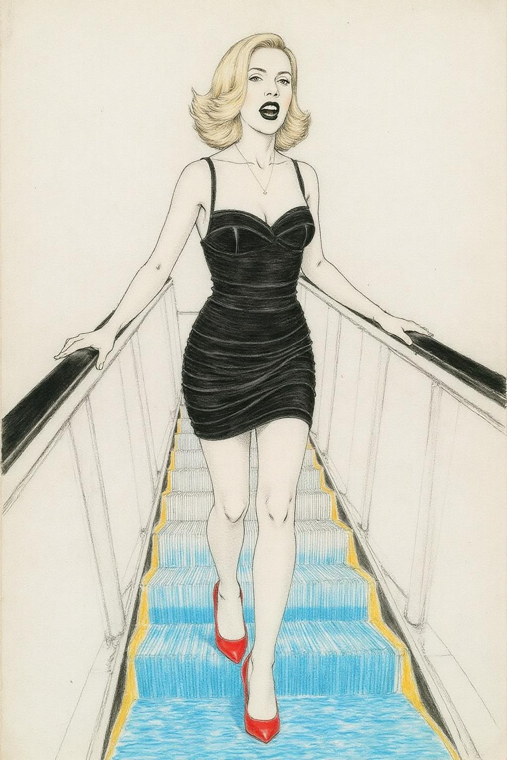 hansho1 monochromatic pencil drawing,
a woman in a chic little black dress and vibrant red high heels, gracefully descending an escalator. She wears black lipstick and is screaming. Her attire exudes elegance and sophistication, with the red heels providing a bold pop of color against the classic black dress. The escalator itself, typically found in a mall or airport, leads downwards into an unexpected and dreamlike destinationâ -- pool of rippling water. The water is blue and ripples as the escalator's steps disappear beneath the surface. The woman's posture is poised and confident, as she seems unperturbed by the unusual surroundings. The overall atmosphere is a blend of high fashion and surreal fantasy, capturing a moment that is both elegant and otherworldly, <lora:hansho2_nocap_d6a3e12:1.0><lora:817311995876507312:0>