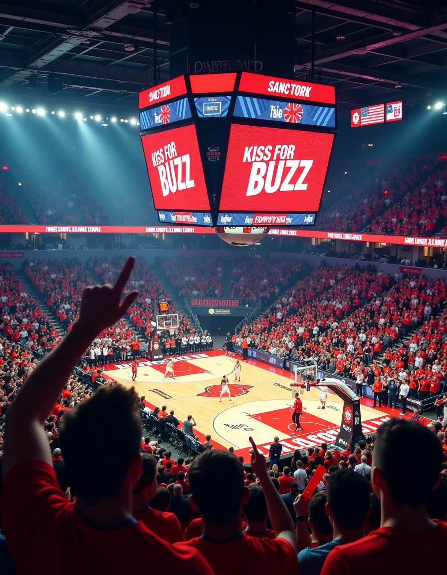 "A packed basketball stadium during an intense game, with thousands of cheering fans wearing colorful jerseys and holding foam fingers. The center of attention is the massive high-definition screen hanging above the court, displaying the words 'Kiss for Buzz' in bold, glowing letters with a dynamic animation. The screen is surrounded by flashing LED lights and digital effects, creating a vibrant and energetic atmosphere. The players on the court are mid-action, with one player dunking the ball while the crowd goes wild. The stadium is illuminated by bright spotlights, and confetti is falling from the ceiling. Ultra-detailed, 8K resolution, cinematic composition, and a sense of excitement and celebration."