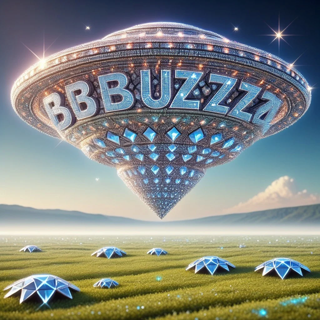 diamondMW, a UFO flying space saucer made of countless diamonds, blue buzz, the word "Buzz" made of diamonds on the UFO, a landscape full of buzz coins background, masterpiece, high detail, (photographic medium), volumetric light.