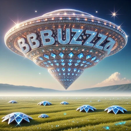 diamondMW, a UFO flying space saucer made of countless diamonds, blue buzz, the word "Buzz" made of diamonds on the UFO, a landscape full of buzz coins background, masterpiece, high detail, (photographic medium), volumetric light.