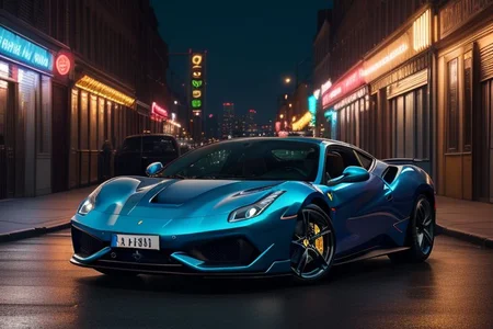 cars fantastic blue [Ferrari Lafarrari], speed, intricate detail ,neon city background, city background, night, HD. Photograph , in table((realism)), extremely high quality RAW photograph, ultra detailed photograph, sharp focus, high resolution, (detailed skin:1,3),high quality, film grain, Fujifilm XT3,Highly Detailed, movie, (Cinematic Photo:1.3) of (Realistic:1.3)