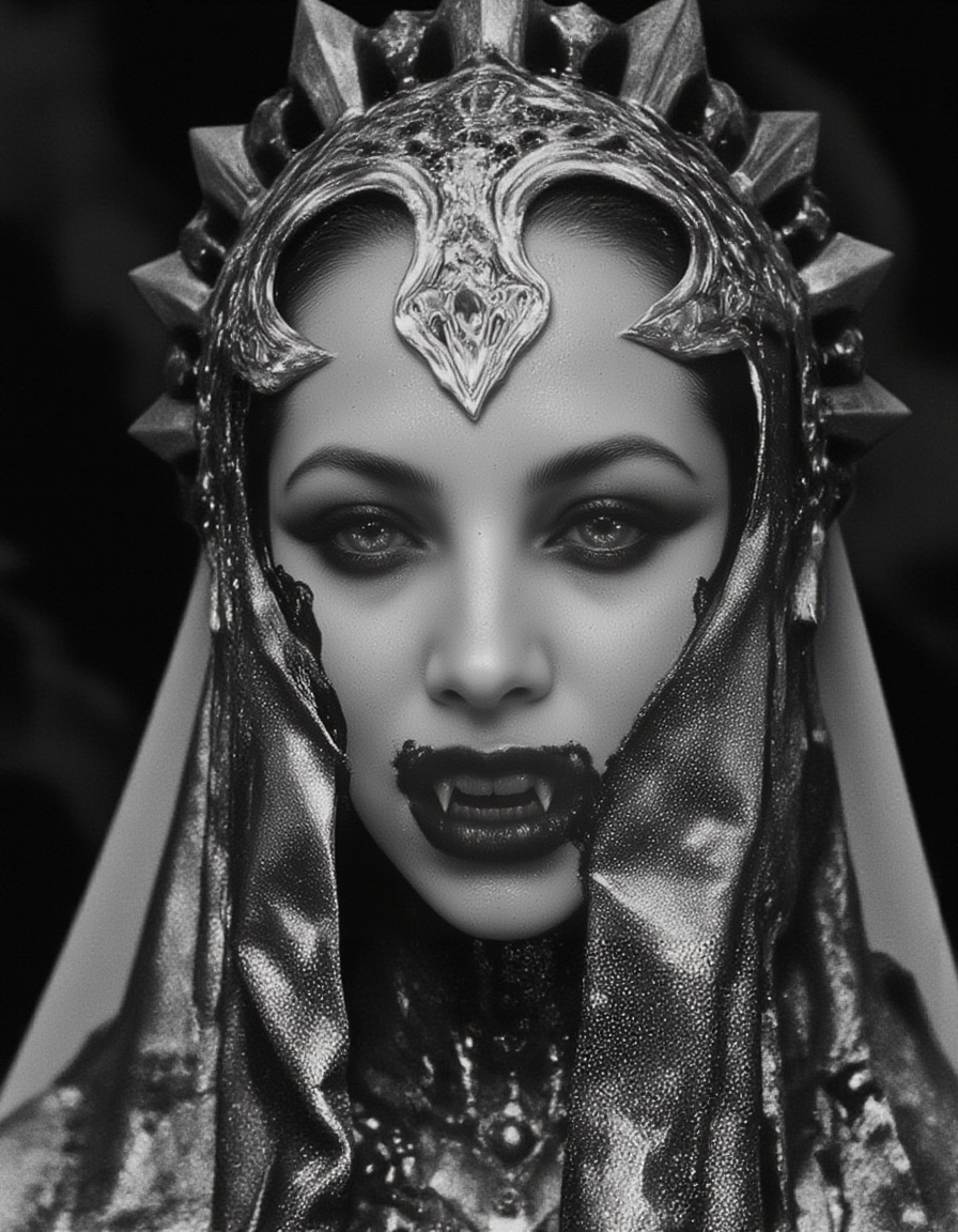 drk4rt,  photo of a vampire woman covered in white powder, melancholic <lora:AITK-fluxCine2:1> cinematic, film still, screengrab, half veiled faced, <lora:wet_sweat_and_perspire:1> wet, sweaty, perspire <lora:Akasha_Queen_of_the_Damned_F1-GMR:1> sharp fangs, A close-up, gothic-inspired composition featuring a model shrouded in an embellished avant-garde veil, crafted with intricate baroque patterns, metallic filigree, and occult symbols subtly woven into the fabric. The veil cascades like a spectral shroud, partially obscuring the modelâs face, which is illuminated by a faint, otherworldly glow that highlights striking bone structure and piercing, ethereal eyes. The limited color palette consists of deep black, smoky greys, and muted silver, with subtle accents of blood red. The background is a void-like darkness with faint, swirling mist and occult sigils barely visible in the shadows. The atmosphere is ominous yet divine, suggesting apotheosis, with delicate lighting creating dramatic contrasts. The overall design is sharp, hyperdetailed, and styled as intricate gig poster art, balancing dark mysticism with avant-garde elegance. <lora:ChildrenOfTheNight:1> vampire, half evil smile,  > <lora:epic-midj:0.40><lora:Reticulating_Noise_Gradient_Flux:0.37> <lora:Wizards_Experimental_Photo_Lab:0.20> <lora:Wizards_Arcana_The_Spectral_Glow:0.40> <lora:ChadMichaelWard:0.20> drk4rt