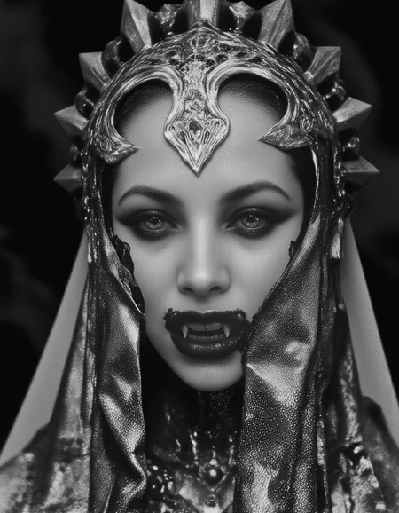 drk4rt,  photo of a vampire woman covered in white powder, melancholic <lora:AITK-fluxCine2:1> cinematic, film still, screengrab, half veiled faced, <lora:wet_sweat_and_perspire:1> wet, sweaty, perspire <lora:Akasha_Queen_of_the_Damned_F1-GMR:1> sharp fangs, A close-up, gothic-inspired composition featuring a model shrouded in an embellished avant-garde veil, crafted with intricate baroque patterns, metallic filigree, and occult symbols subtly woven into the fabric. The veil cascades like a spectral shroud, partially obscuring the modelâs face, which is illuminated by a faint, otherworldly glow that highlights striking bone structure and piercing, ethereal eyes. The limited color palette consists of deep black, smoky greys, and muted silver, with subtle accents of blood red. The background is a void-like darkness with faint, swirling mist and occult sigils barely visible in the shadows. The atmosphere is ominous yet divine, suggesting apotheosis, with delicate lighting creating dramatic contrasts. The overall design is sharp, hyperdetailed, and styled as intricate gig poster art, balancing dark mysticism with avant-garde elegance. <lora:ChildrenOfTheNight:1> vampire, half evil smile,  > <lora:epic-midj:0.40><lora:Reticulating_Noise_Gradient_Flux:0.37> <lora:Wizards_Experimental_Photo_Lab:0.20> <lora:Wizards_Arcana_The_Spectral_Glow:0.40> <lora:ChadMichaelWard:0.20> drk4rt