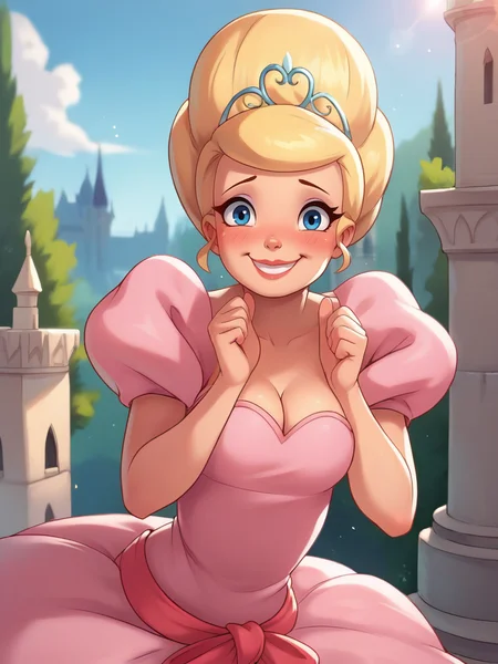 score_9, score_8_up, score_7_up, 1girl, castle, furniture, detailed background, smile, looking at viewer, smile, cowboy shot, (dynamic pose:1.1), dynamic angle, from side, leaning forward, hands up, shy, blush,
 <lora:CharlotteLaBouff_Character-10:0.85>, CharlotteXLP, blonde hair, makeup, blue eyes, pink dress, puffy sleeves, puffy skirt, cleavage, tiara, hair bun, cartoon,