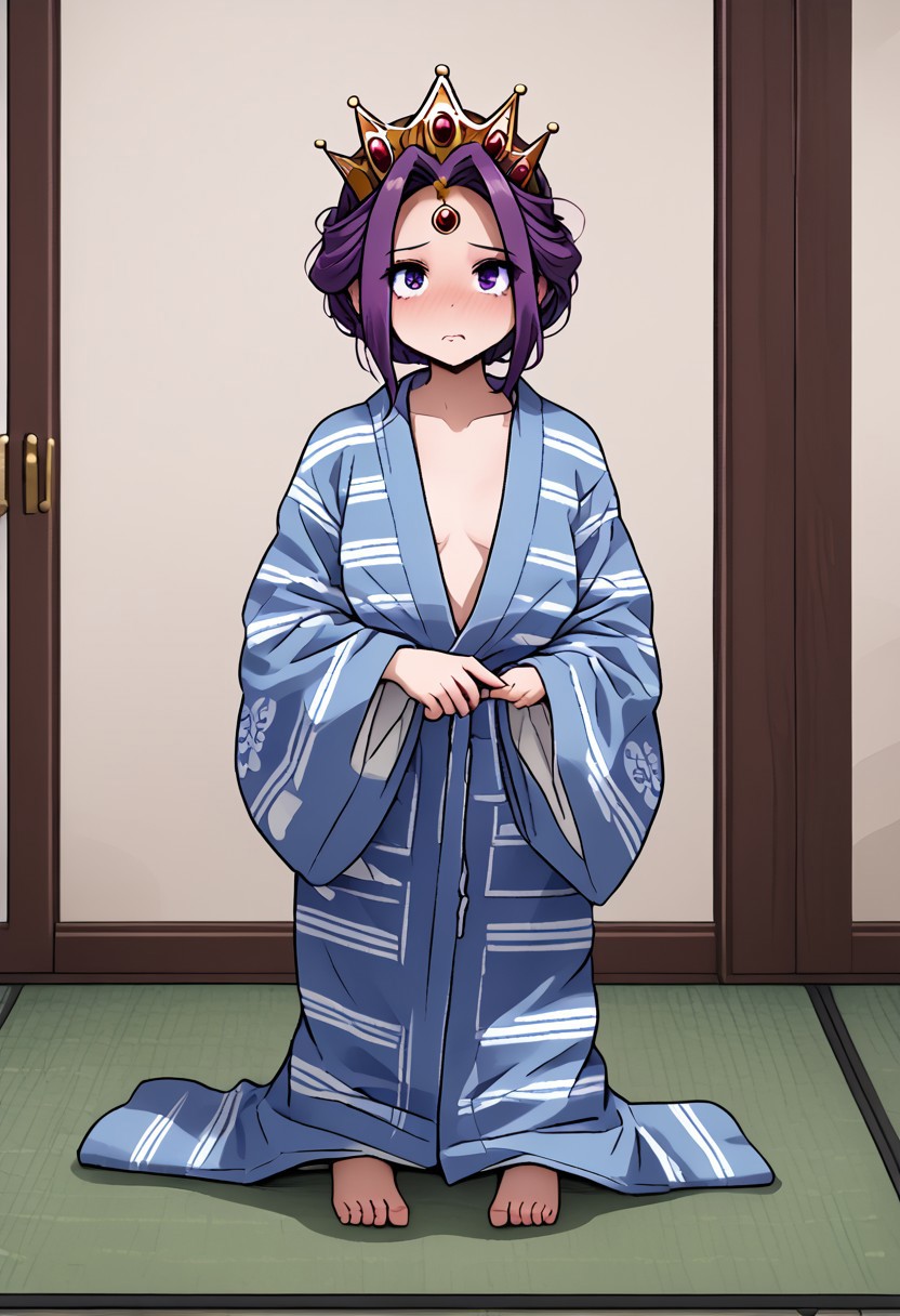 MIRELLIA Q MELROMARC, CROWN, TIARA, yukata, full body, ShrinkingConcept, shrinkingclothing, oversized clothes, shrinking, full body, child, small