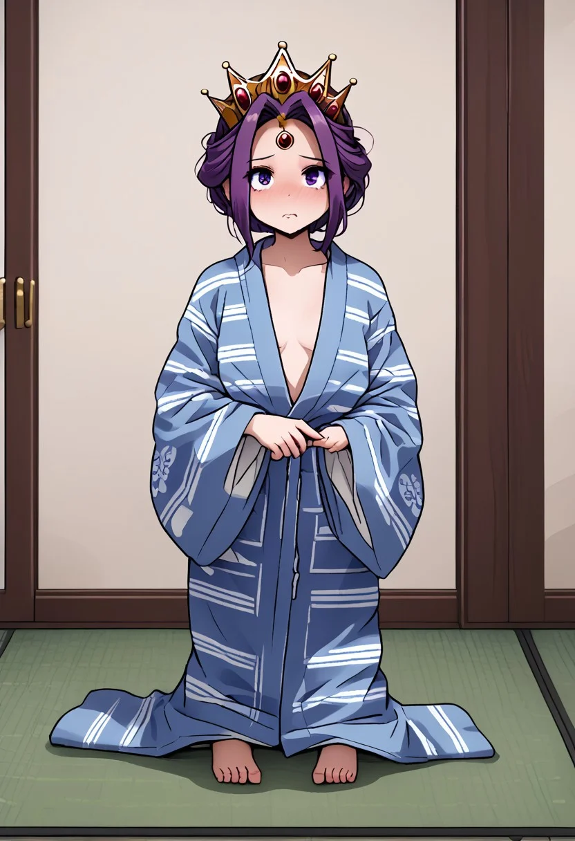 MIRELLIA Q MELROMARC, CROWN, TIARA, yukata, full body, ShrinkingConcept, shrinkingclothing, oversized clothes, shrinking, full body, child, small