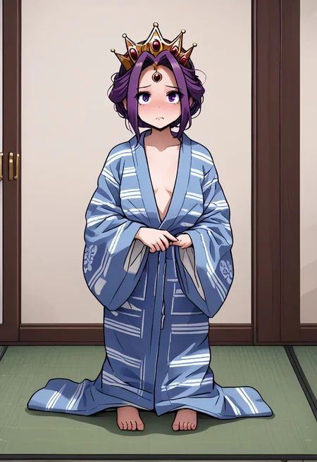 MIRELLIA Q MELROMARC, CROWN, TIARA, yukata, full body, ShrinkingConcept, shrinkingclothing, oversized clothes, shrinking, full body, child, small