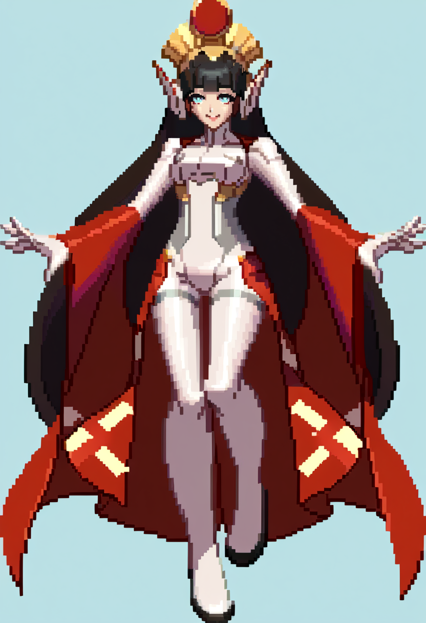 score_9, score_8_up, score_7_up, source_anime, BREAK, solo, 1girl, smile, looking at viewer,  <lora:KOF-XIII-Sprite-Style-pdxl_Fp:1>, simple background, full body, pixel art,  <lora:zs_PanagiaTaoXL:0.8>, panagiataosmtv, long hair, black hair, blunt bangs, blue eyes, helmet, white bodysuit, white gloves, red sleeves, red skirt, floating,