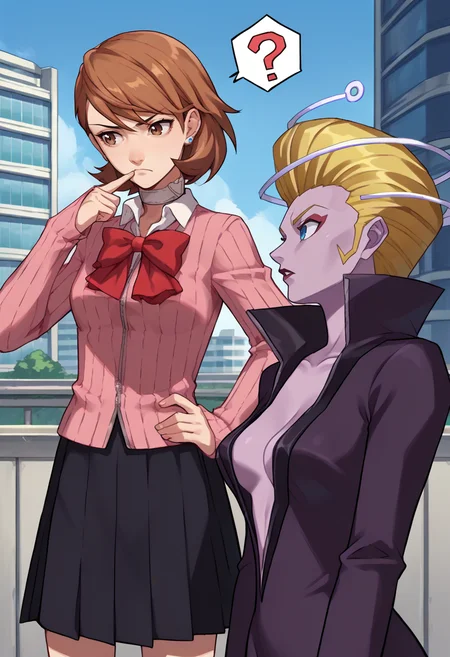 score_9, score_8_up, score_7_up, source_anime, 2girls, outdoors, city, sky BREAK
finger to chin, hand on hip, frown, thinking, <lora:persona3_takeba_ponyXL:1> yukaridef, gekkoukan high school uniform, pink cardigan, red bow, long sleeves, black skirt, earrings, white choker BREAK
looking to the side, parted lips, ?, <lora:zs_NyxXL:1> nyxsmt, dress, plunging neckline, long sleeves, blonde hair, hair slicked back, halo, colored skin, purple skin, blue eyes