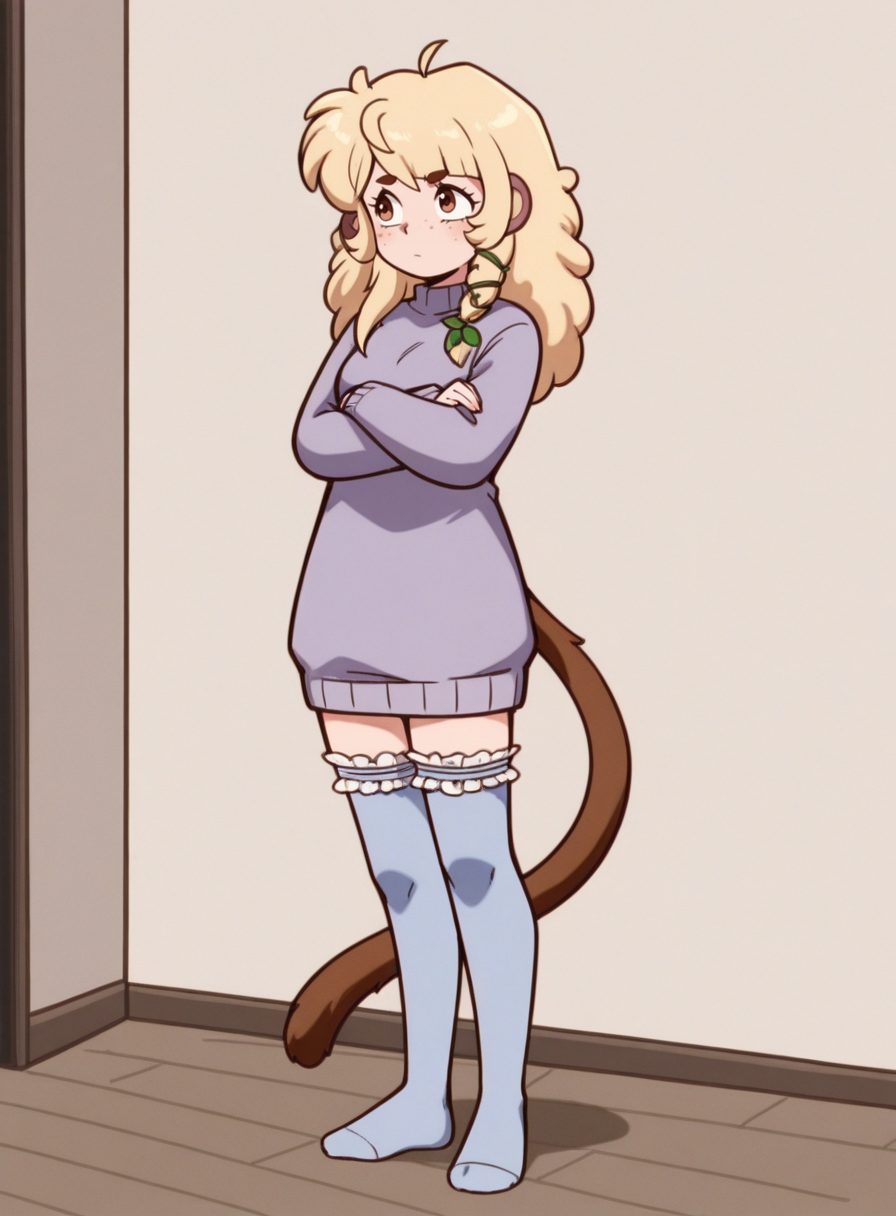 1girl, solo,  <lora:BananaJuju:0.8> bananajuju, blonde hair, brown eyes, freckles, monkey tail,
grey hockey sweater, sleeves past wrists, long sleeves, purple dress, high-low dress, blue frilled thighhighs, no shoes, standing, crossed arms, subtle nod, reflective gaze, pensive demeanor,
 <lora:GunsmithCats:1> gnsmth, extremely detailed, highres, masterpiece, best quality