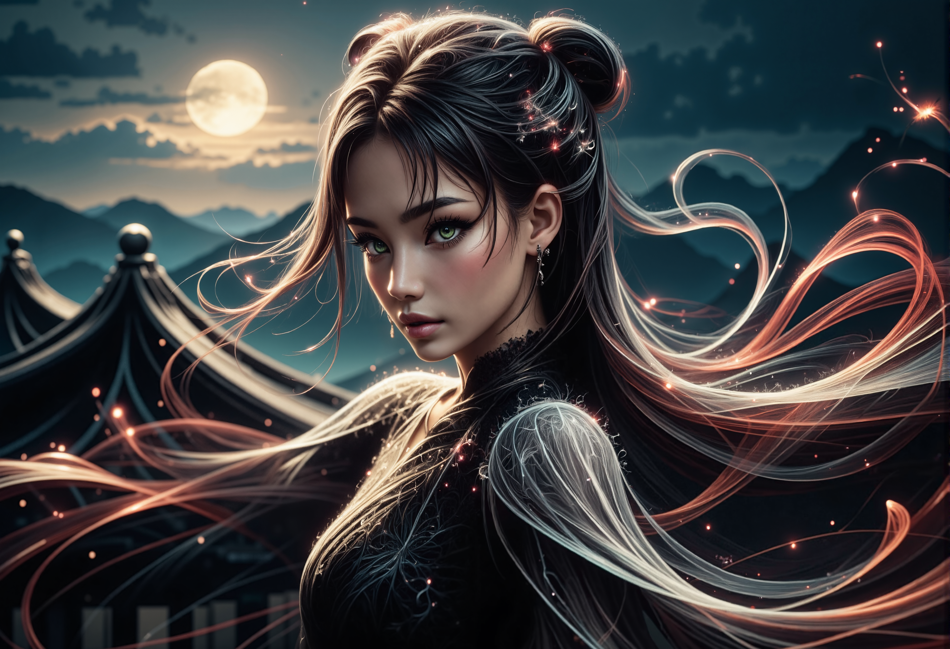 mad-wsps, xslx scribble, detailmaximizer. A medium close-up of a stunning young Asian woman, captured from her shoulders up as she gracefully dances under the full moon. Her delicate, smoky makeup enhances her deep green eyes, giving them an otherworldly glow, while the moonlight accentuates the red shimmer in her deep black hair. Her hair is styled in a traditional Chinese manner, with part of it pinned up and the rest flowing freely. The ornate details of her black dress, adorned with subtle white embroidery along the collar and sleeves, are visible. Behind her, the decorative eaves of the palace rooftop are highlighted by the soft moonlight, adding to the spiritual and mystical atmosphere., <lora:RealisticAnimeFlux_v2.safetensors:1.0:1.0> <lora:Wisps_of_Light_FLUX.safetensors:0.8:0.8> <lora:scribble-flux-v1.safetensors:1.0:1.0> <lora:aidmaImageUpgrader-FLUX-V0.1.safetensors:0.5:0.5>