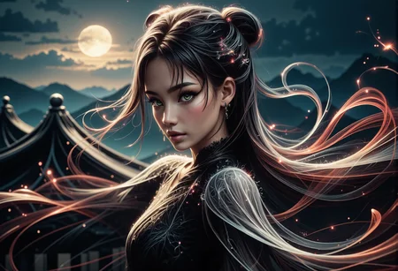 mad-wsps, xslx scribble, detailmaximizer. A medium close-up of a stunning young Asian woman, captured from her shoulders up as she gracefully dances under the full moon. Her delicate, smoky makeup enhances her deep green eyes, giving them an otherworldly glow, while the moonlight accentuates the red shimmer in her deep black hair. Her hair is styled in a traditional Chinese manner, with part of it pinned up and the rest flowing freely. The ornate details of her black dress, adorned with subtle white embroidery along the collar and sleeves, are visible. Behind her, the decorative eaves of the palace rooftop are highlighted by the soft moonlight, adding to the spiritual and mystical atmosphere., <lora:RealisticAnimeFlux_v2.safetensors:1.0:1.0> <lora:Wisps_of_Light_FLUX.safetensors:0.8:0.8> <lora:scribble-flux-v1.safetensors:1.0:1.0> <lora:aidmaImageUpgrader-FLUX-V0.1.safetensors:0.5:0.5>