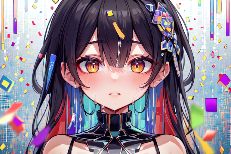 highly insanely detailed, masterpiece, top quality, best quality, highres, 4k, 8k, RAW photo, (very aesthetic, beautiful and aesthetic),  
(code_style,codestyle),(sympattern,geometric pattern:1.4), 
<lora:CodeStyle (half generic class)_564920:0.7>, 
(1girl:1.3), 1other, 
downtown,city,a colorful background,(dripping colors background,colored mosaic background,colored confetti background:1.4),âââ