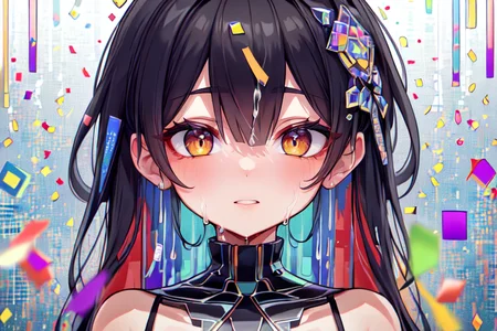 highly insanely detailed, masterpiece, top quality, best quality, highres, 4k, 8k, RAW photo, (very aesthetic, beautiful and aesthetic),  
(code_style,codestyle),(sympattern,geometric pattern:1.4), 
<lora:CodeStyle (half generic class)_564920:0.7>, 
(1girl:1.3), 1other, 
downtown,city,a colorful background,(dripping colors background,colored mosaic background,colored confetti background:1.4),âââ