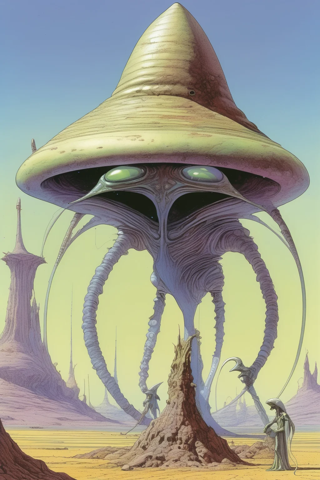 <lora:Rodney Matthews Style:1>Rodney Matthews Style - alien creature by Moebius, illustration