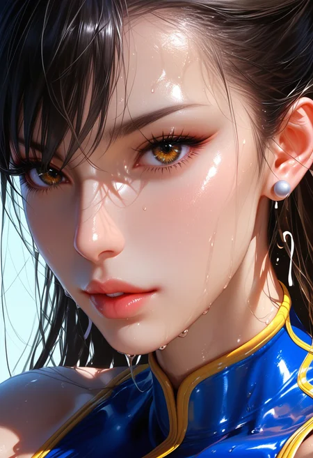 Chun-Li, Close-up details, realistic style photo Japanese young woman, dark hair, long hair, outstanding style, tall, cute, adult. Use soft lighting to cast gentle shadows on the subject, adding a touch of dimension to your images without compromising details, score_9, score_8_up, score_7_up, sweaty, wet, shiny skin, CHUNLISF, tight clothes, a bit muscular, huge nreast