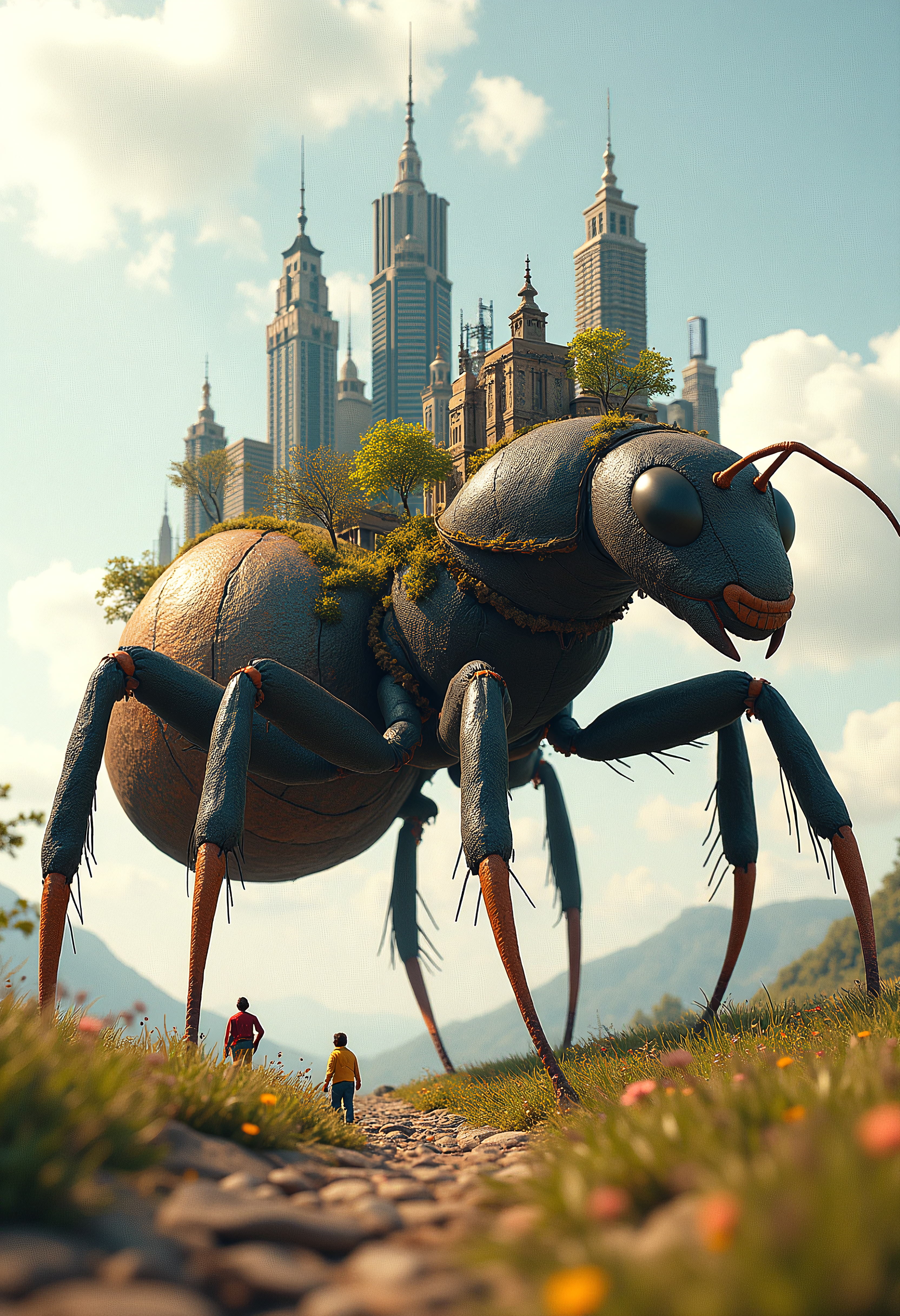 A giant ant trudges along with a miniature city built into its body. Skyscrapers, parks, and roads sprawl across its back, with tiny humans living their daily lives in the city built atop this industrious creature.