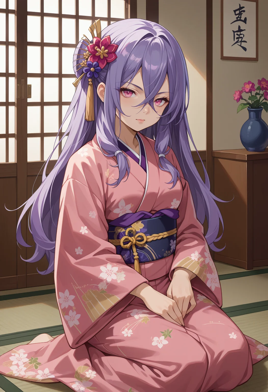 score_9, score_8_up, source_anime, 1girl, solo, TakamatsuShiera, pink eyes, purple hair, long hair, hair between eyes, indoors, kimono, hair flower, floral print, wariza, kneeling, <lora:ChamTakamatsuShieraPonyXL:1>