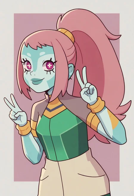 solo, akila_theoris, pink hair, ponytail, long hair, peace sign, looking at viewer, blank background