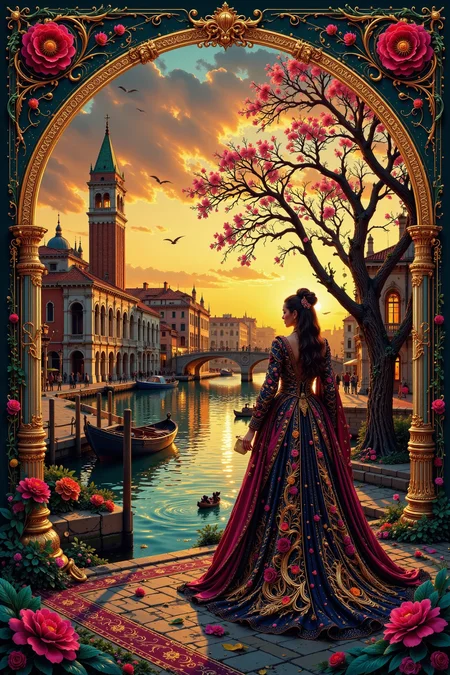venice carnival beautiful landscape, golden hour, woman, very intricate, very detailed, sharp, bright, colorful, <lora:Hand v2:0.5> <lora:Anti-Blur:1><lora:Insane Detail Slider:0.25> <lora:flux.1_lora_flyway_Epic-detail_v2:0.3> <lora:fluxenhancer:0.25> <lora:ck-Neon-Retrowave:0.4> ck-rw, in the style of ck-rw, <lora:Neurocore Anime Cyberpunk:0.8> A digital artwork in the style of cknc