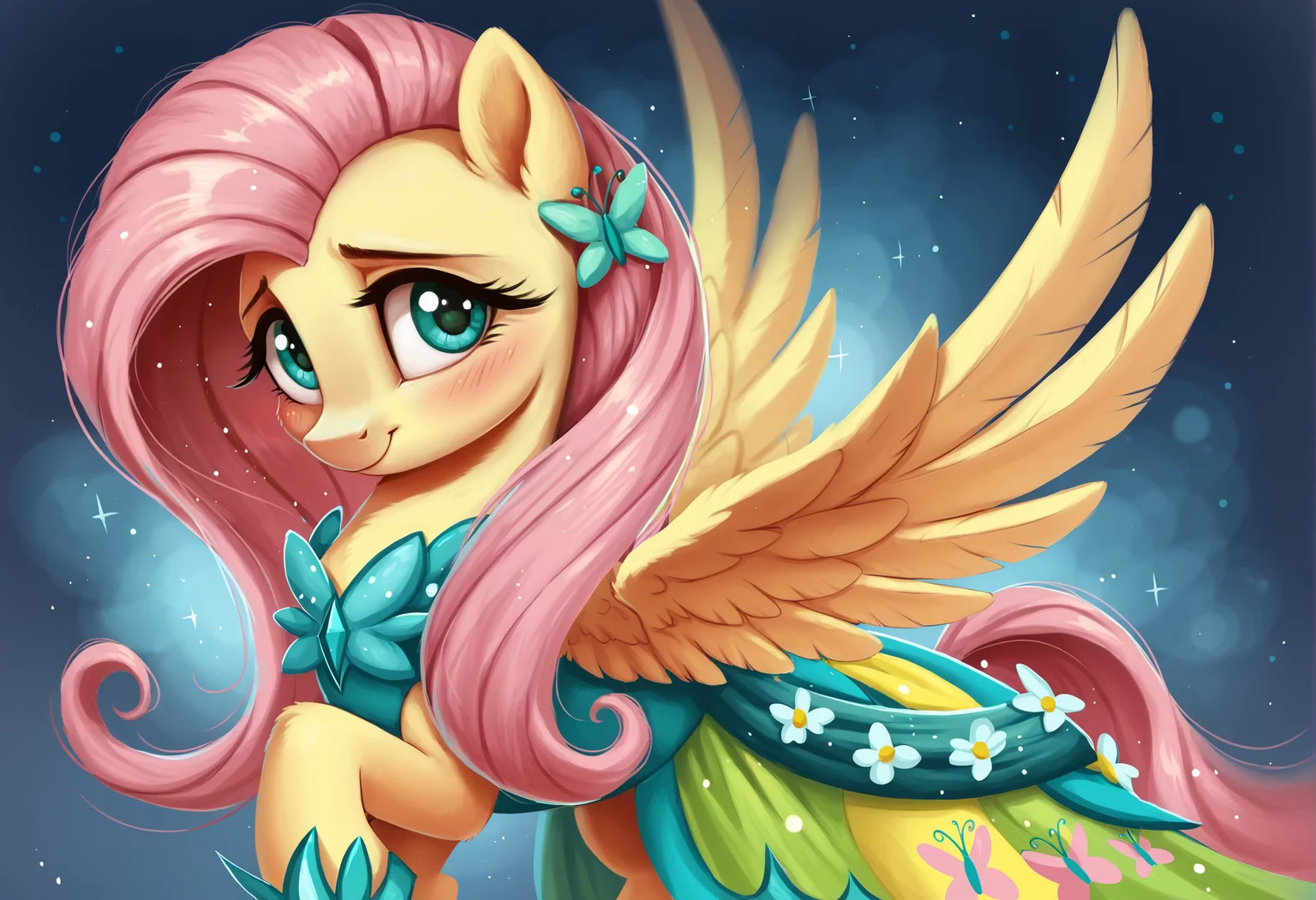 score_9, score_8_up, score_7_up, score_6_up, score_5_up, score_4_up, rating_safe, fluttershy, female, mare, pegasus, pony, solo, blushing, clothes, cute, dress, gala dress, high res, looking at you, wings, shyabetes, abstract background, smiling, spread wings, smiling at you, g4, detailed, beautiful, <lora:Wholesome-MLP-v1.4b:1>