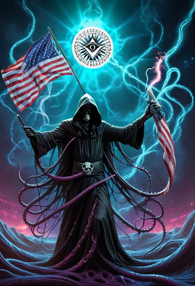 us Flag blowing in the wind, ((Illuminati:1.2)) 1alien tentacles (Immense detail:1.2), (deep-space background, deep galactic travel, dark) monster attack, ((grim-reaper)) Hypnotic deep-state illustration (psychedelic art) surrealism, dark and evil glow, glow neon paint, defined sharp edges, mystical, (Multi-dimensional:1.2)