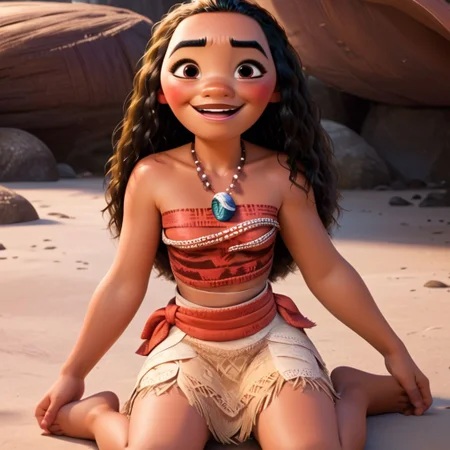 score_9, score_8_up, score_7_up, score_6_up, score_5_up, score_4_up, rating_explicit, Moana, on the ground, barefoot, small breasts, small smile, blushing, looking up at viewer
