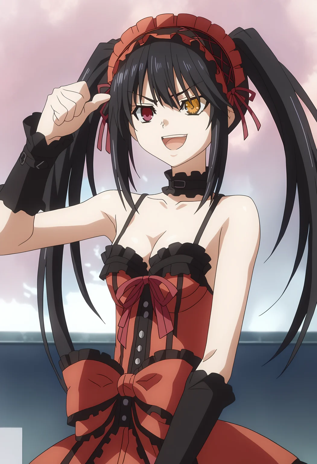 score_9, score_8_up, score_7_up, source_anime,
BREAK
<lora:shiDioV2:1>, konodiopose, pointing, parody, meme, pointing at self,
smile, open mouth, upper body, style parody,
1girl, solo, anime screencap, anime coloring,
<lora:shiKurumiV2:1> kurdef, long hair, black hair, twintails, red eyes, yellow eyes, clock eyes, heterochromia, hairband, bare shoulders, detached sleeves, choker, red dress, cleavage, bow, black thighhighs, lace-up boots,