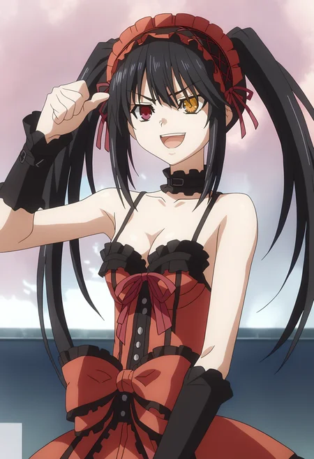 score_9, score_8_up, score_7_up, source_anime,
BREAK
<lora:shiDioV2:1>, konodiopose, pointing, parody, meme, pointing at self,
smile, open mouth, upper body, style parody,
1girl, solo, anime screencap, anime coloring,
<lora:shiKurumiV2:1> kurdef, long hair, black hair, twintails, red eyes, yellow eyes, clock eyes, heterochromia, hairband, bare shoulders, detached sleeves, choker, red dress, cleavage, bow, black thighhighs, lace-up boots,