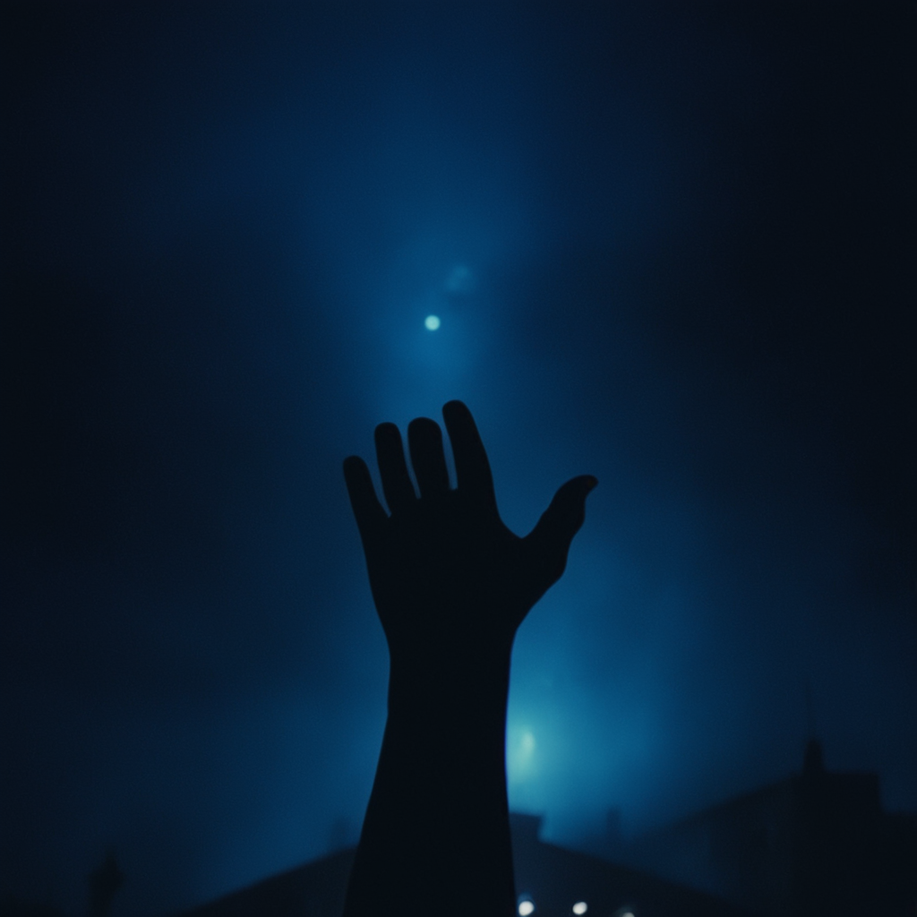 cinematic film still of  <lora:Cool Lighting Style:1> Dark Blue Night Cool Lighting Style
 <lora:Cinematic Film Stock Footage Style:0.55>
a man with a creepy face and hands in the air Cinematic Film Stock Footage Style, solo, looking at viewer,, shallow depth of field, vignette, highly detailed, high budget, bokeh, cinemascope, moody, epic, gorgeous, film grain, grainy