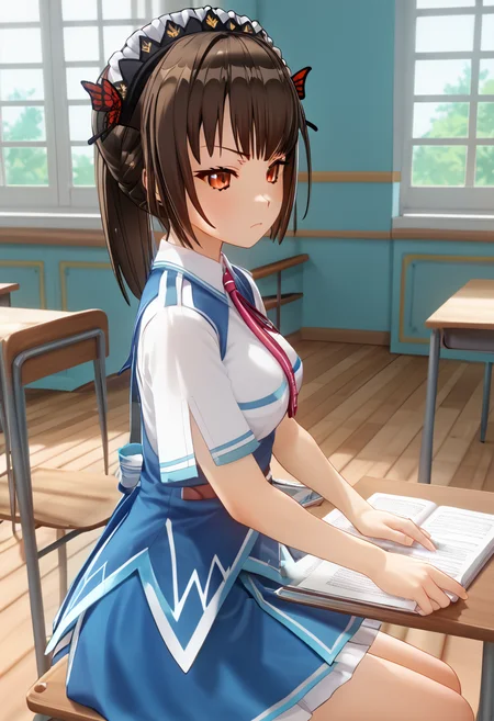 score_9, score_8_up, score_7_up, BREAK source_anime, (masterpiece), (best quality), 1girl, chihara_yukine, red colored eyes, brown colored hair, ponytail hair, (ultra detailed), schoolgirl outfit, colorful light, shine, sitting on chair, solving math problem, looking at textbook on table, inside classroom, serious face, (from top:0.8), (from side:0.8), butterfly hair ornaments, upper body only, <lora:chihara_yukine-V2:0.9>