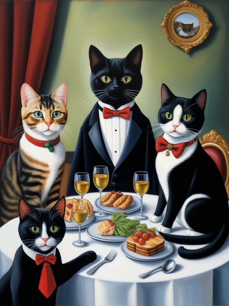 <lora:08SurealismArt_Hap_XL:1>,  frida kahlo style,   A classic oil painting depicting a group of cats dressed in formal attire, attending a fancy dinner party and discussing the latest catnip gossip.