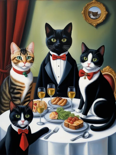 <lora:08SurealismArt_Hap_XL:1>, frida kahlo style, A classic oil painting depicting a group of cats dressed in formal attire, attending a fancy dinner party and discussing the latest catnip gossip.
