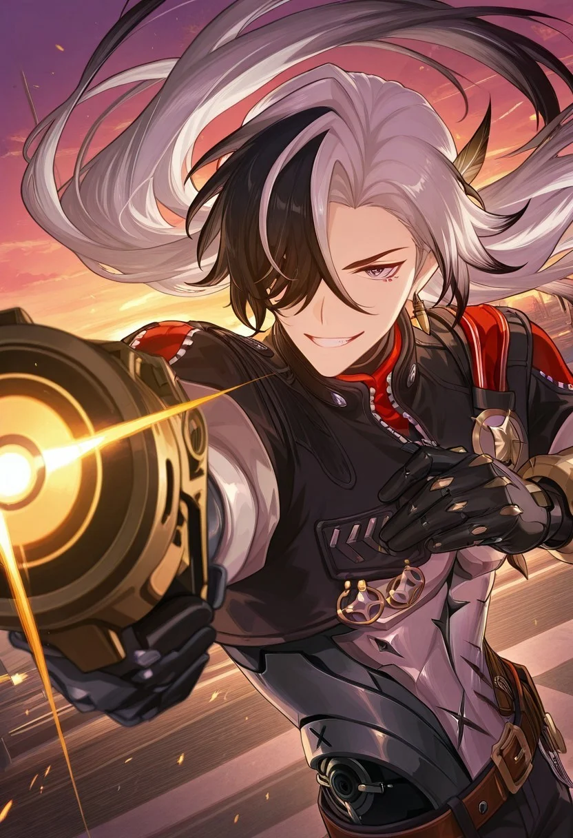 score_9, score_8_up, score_7_up, score_6_up, 8k, highest quality, high detail, masterpiece, best quality, source_anime, anime, detailed eyes, (1boy, boothill \(honkai star rail\), multicolored hair, white hair, black hair, long hair, black eyes, crosshair pupils, cyborg) smiling, teeth, looking at viewer, depth of field, detailed background, dynamic pose, dynamic angles, aiming, gunshot