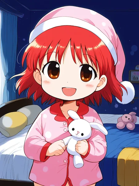 score_9, score_8_up, score_7_up, source_anime, rating_explicit, BREAK <lora:momo_shunrai_XL:1> momo_ shunrai, short stack, short hair, red hair, brown eyes,
pink pajamas, rabbit stuffed toy, pink night cap, stuffed animal, 1girl, comic,, open mouth, solo, Yellow button,
room, flooring, curtain,
smile, standing,
looking at viewer,
cowboyShot,