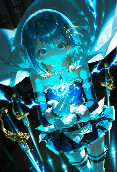 score_9,score_8_up,score_7_up,source_anime,best quality,high quality,perfect anatomy,ultra detailed,ultra high res,absurdres,huge filesize,incredibly absurdres,8k wallpaper,highly detailed,masterpiece,best quality,soft blending,light particles,petite,(thin:1.2),highres,dutch angle,solo_focus,broken effect,intricately designed leotard,depth of field,perfect hands,Volumetric Lighting,highly detailed,moody lighting,perfect fingers,fine fabric texture,fine_fabric_emphasis,SkinHairDetail,lots of details,very aesthetic,absurdres,ultra detailed,perfect face,perfect anatomy,perfect composition,perfect hands,collarbone,zPDXL,anime,dynamic pose,expressive,dynamic pose,dynamic angle,volumetric lighting,dappled light,ultra-realistic eyes,<lora:ponyv6_noobV1_2_adamW:1>,hyper-detailed,8k uhd,raytracing,quasarcake,newest,holographic colors,blum effect,particles,glow,shining,intricate background,(beautiful face),highly detailed,colorful,vignetting,delicate textures,glare of light,magic,burst magic,Miki Sayaka Puella Magi Madoka Magica,sayaka miki,blue hair,short hair,hairclip,hair ornament,musical note hair ornament,musical note,floating staff,fortissimo,skirt,gloves,white gloves,midriff,belt,cape,magical girl,armband,thighhighs,belt,white thighhighs,white cape,over the city,detailxl,<lora:zy_Detailed_Backgrounds_v1:1>,Detailed background,<lora:NOOB_vp1_detailer_by_volnovik_v1:1>,<lora:detailed_eye_model:1>,<lora:PonyFantasyWizardWitchesV3:0.6>,hkmagic,(quasarcake:1.2),holding a western sword,