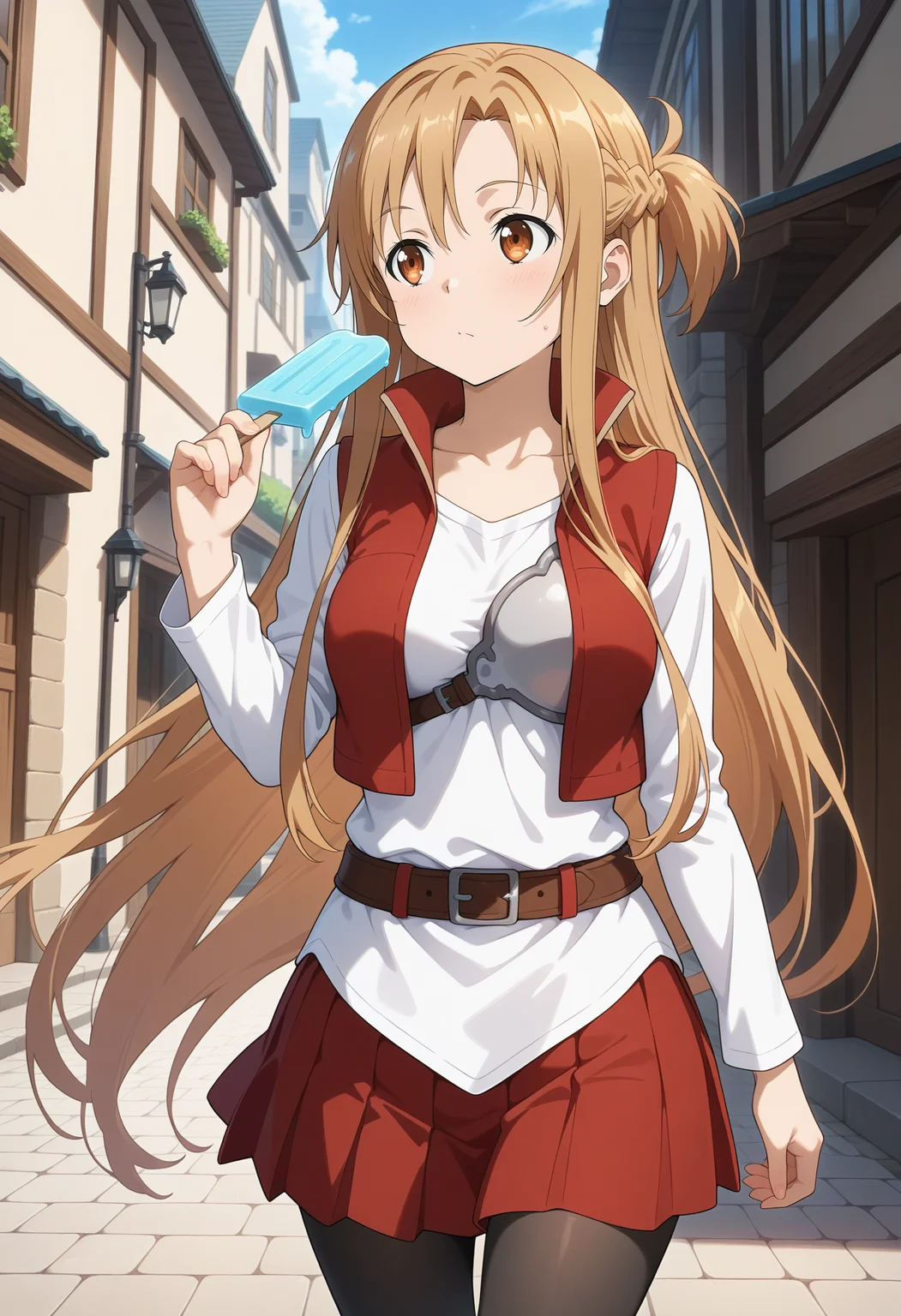 best quality, good quality, amazing quality, very aesthetic, absurdres, masterpiece, 1girl, eeasuna, long hair, brown hair, braid, brown eyes, medium breasts, collarbone, white shirt, breastplate, red vest, long sleeves, brown belt, red skirt, black pantyhose <lora:yuuki_asuna_ilxl_v1:0.9>, walking, cowboy shot, holding popsicle, looking at another, town, street,